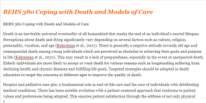 BEHS 380 Coping with Death and Models of Care