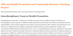 NRS 429 Health Promotion and Community Resource Teaching Project