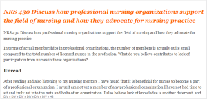 NRS 430 Discuss how professional nursing organizations support the field of nursing and how they advocate for nursing practice