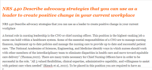 NRS 440 Describe advocacy strategies that you can use as a leader to create positive change in your current workplace