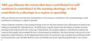 NRS 440 Discuss the events that have contributed (or will continue to contribute) to the nursing shortage, or that contribute to a shortage in a region or specialty