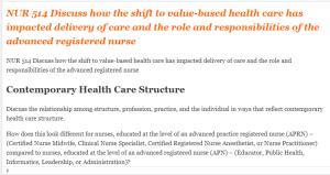 NUR 514 Discuss how the shift to value-based health care has impacted delivery of care and the role and responsibilities of the advanced registered nurse