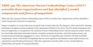 NRSG 495 The American Nurses Credentialing Center (ANCC) accredits these organizations and has identified 5 model components and forces of magnetism